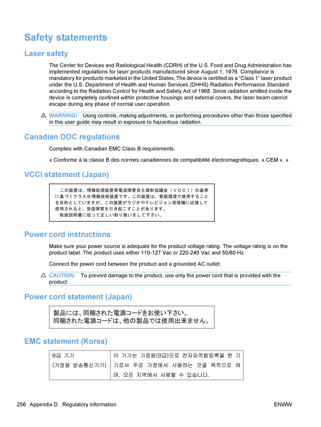 HP M1530 manual Safety statements, Laser safety, Canadian DOC regulations, Vcci statement Japan Power cord instructions 