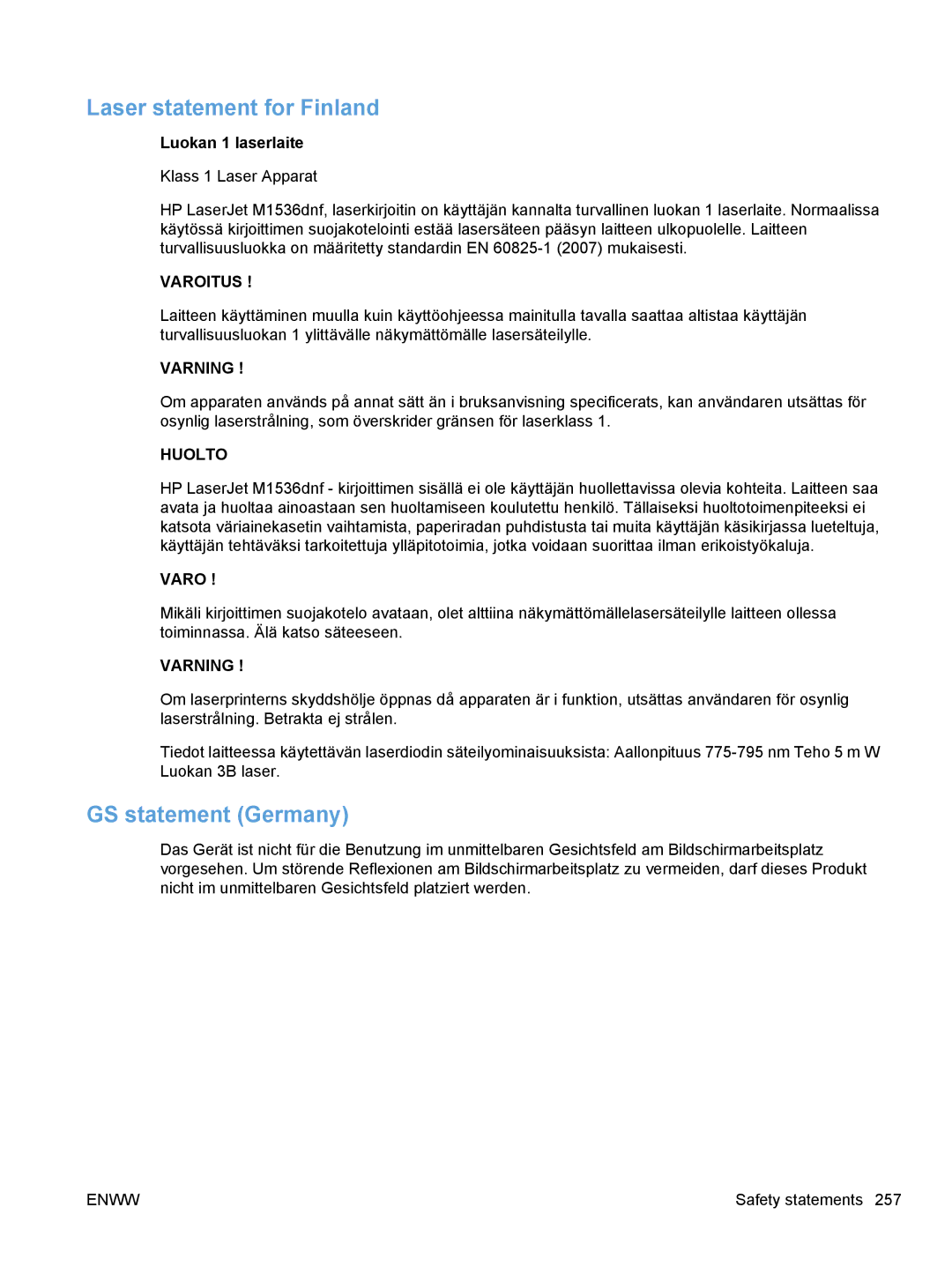 HP M1530 manual Laser statement for Finland, GS statement Germany 