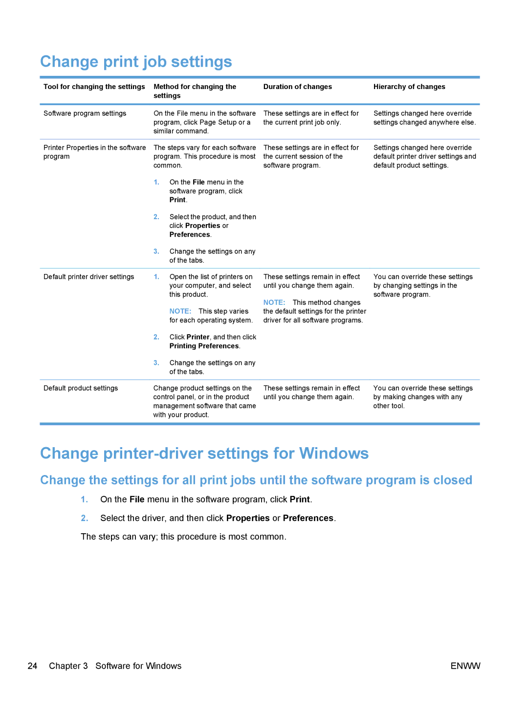 HP M1530 Change print job settings, Change printer-driver settings for Windows, Print, Click Properties or Preferences 