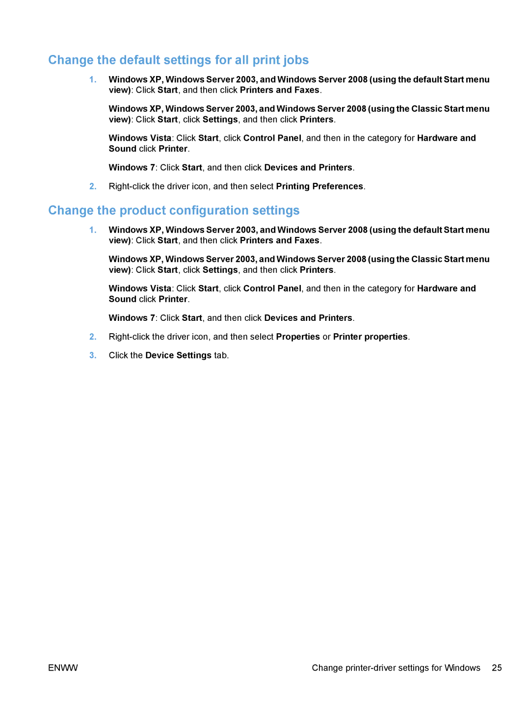 HP M1530 manual Change the default settings for all print jobs, Change the product configuration settings 