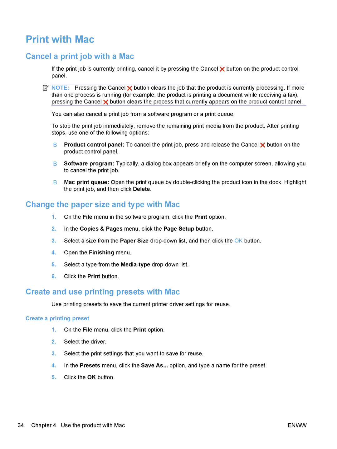 HP M1530 Print with Mac, Cancel a print job with a Mac, Change the paper size and type with Mac, Create a printing preset 