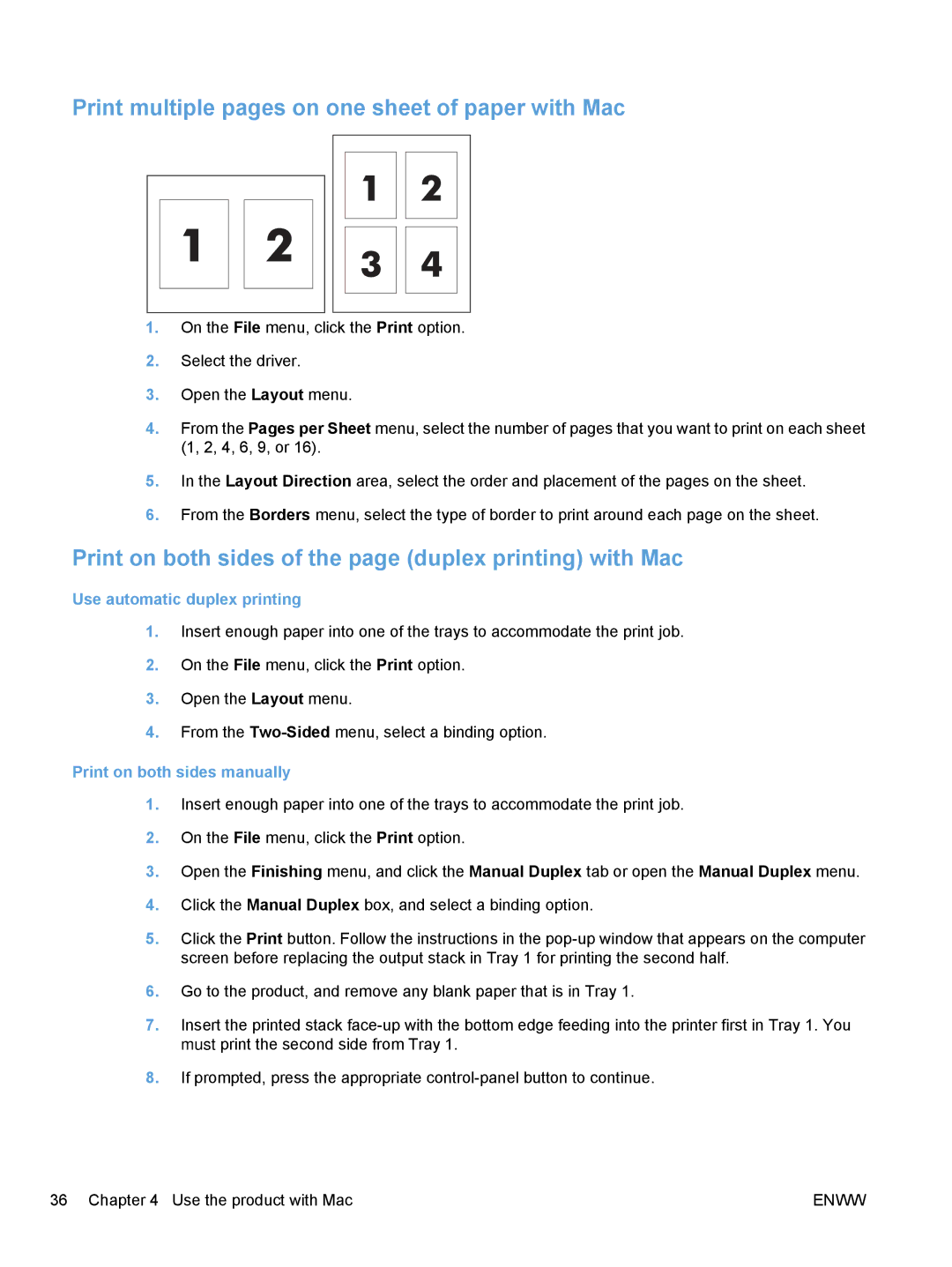 HP M1530 Print multiple pages on one sheet of paper with Mac, Print on both sides of the page duplex printing with Mac 