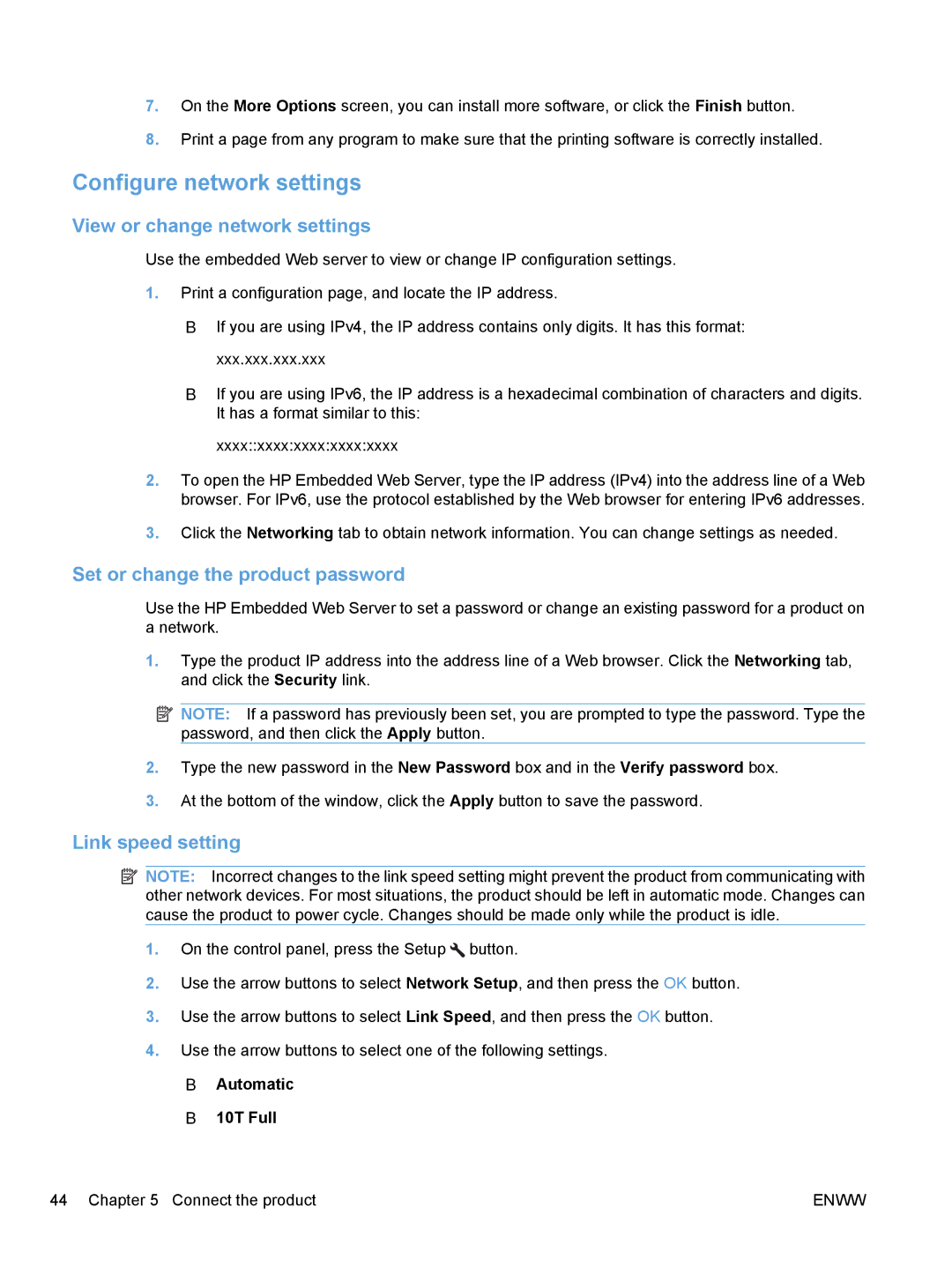 HP M1530 manual Configure network settings, View or change network settings, Set or change the product password 