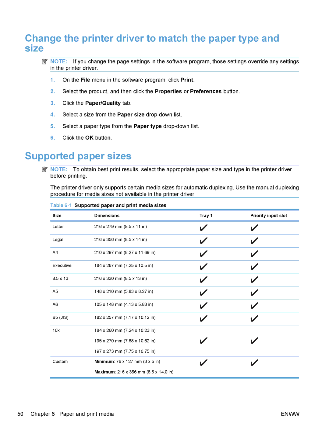 HP M1530 manual Change the printer driver to match the paper type and size, Supported paper sizes 