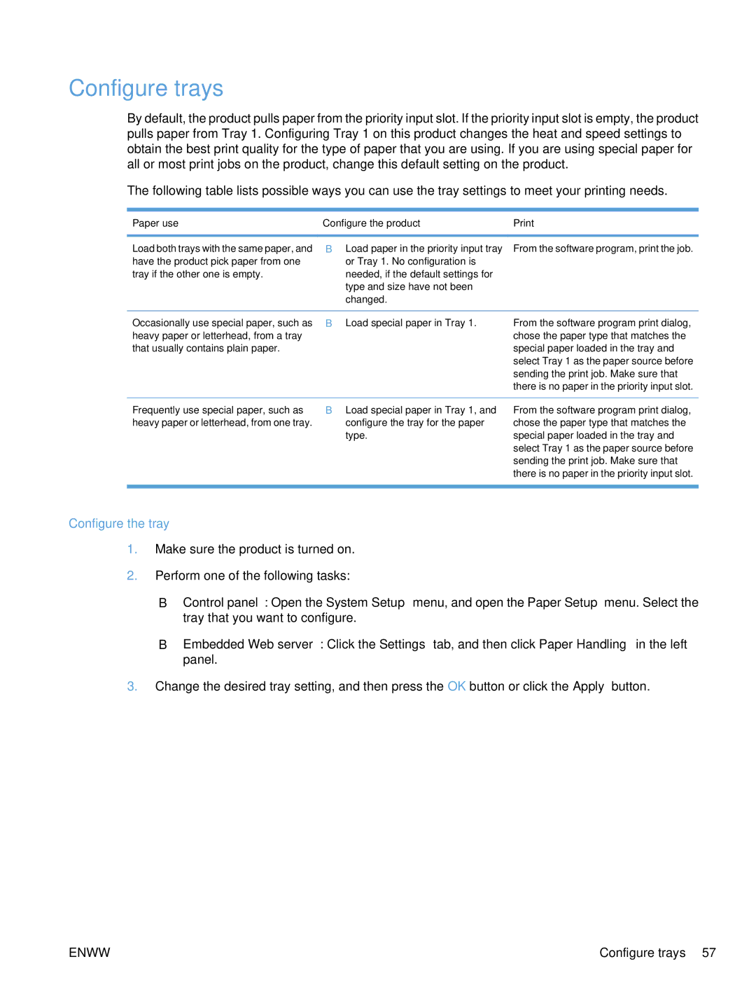 HP M1530 manual Configure trays, Configure the tray, Paper use Configure the product Print 