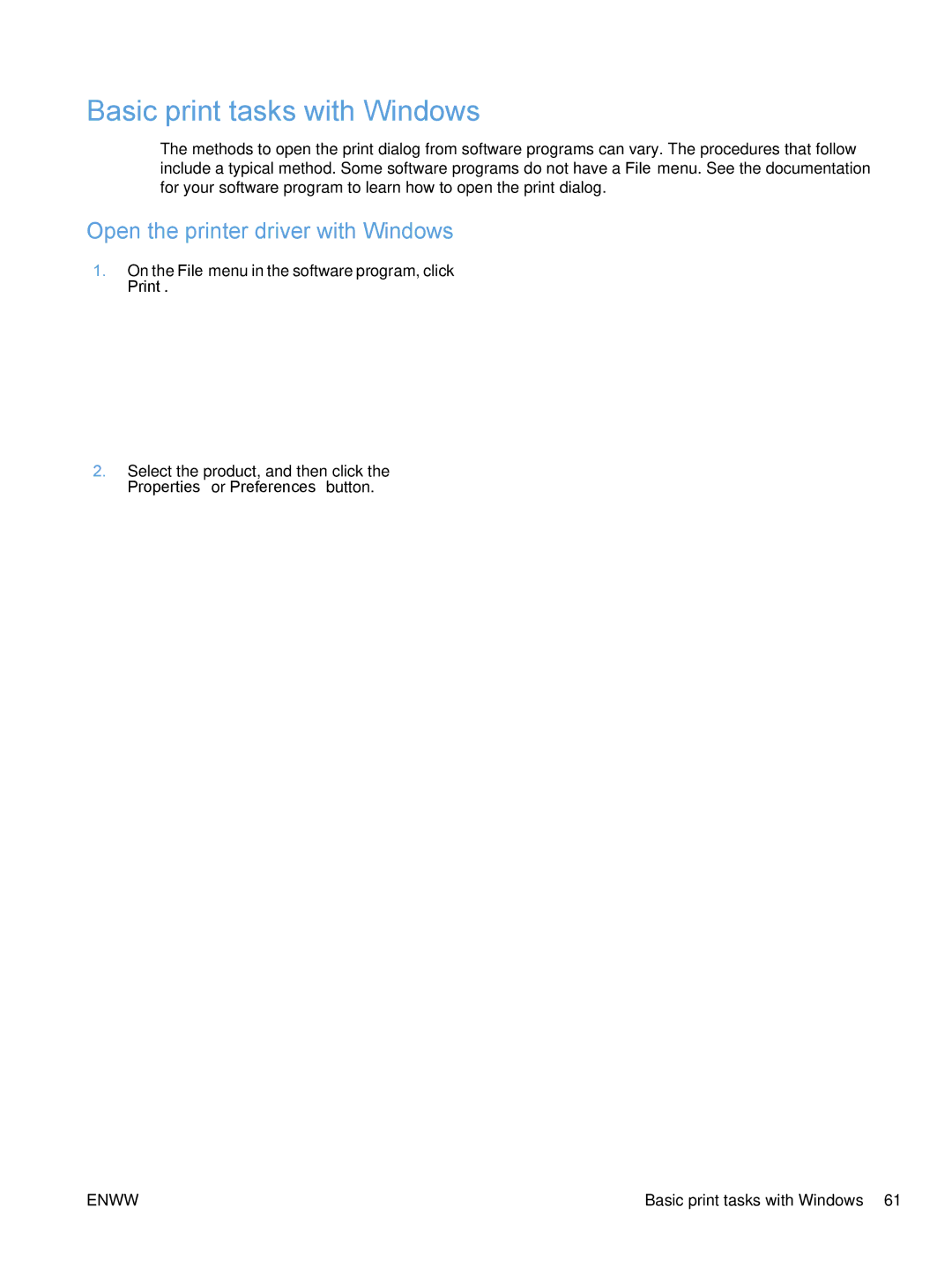 HP M1530 manual Basic print tasks with Windows, Open the printer driver with Windows 