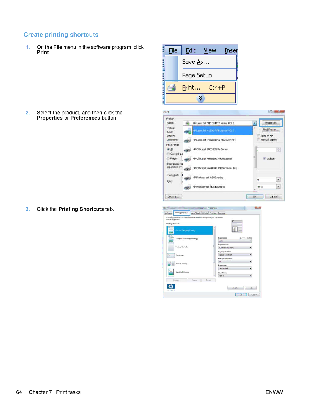 HP M1530 manual Create printing shortcuts 