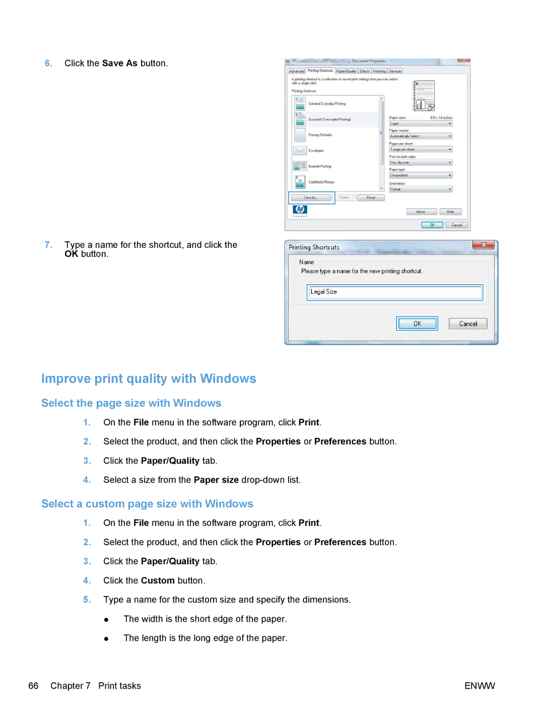 HP M1530 Improve print quality with Windows, Select the page size with Windows, Select a custom page size with Windows 