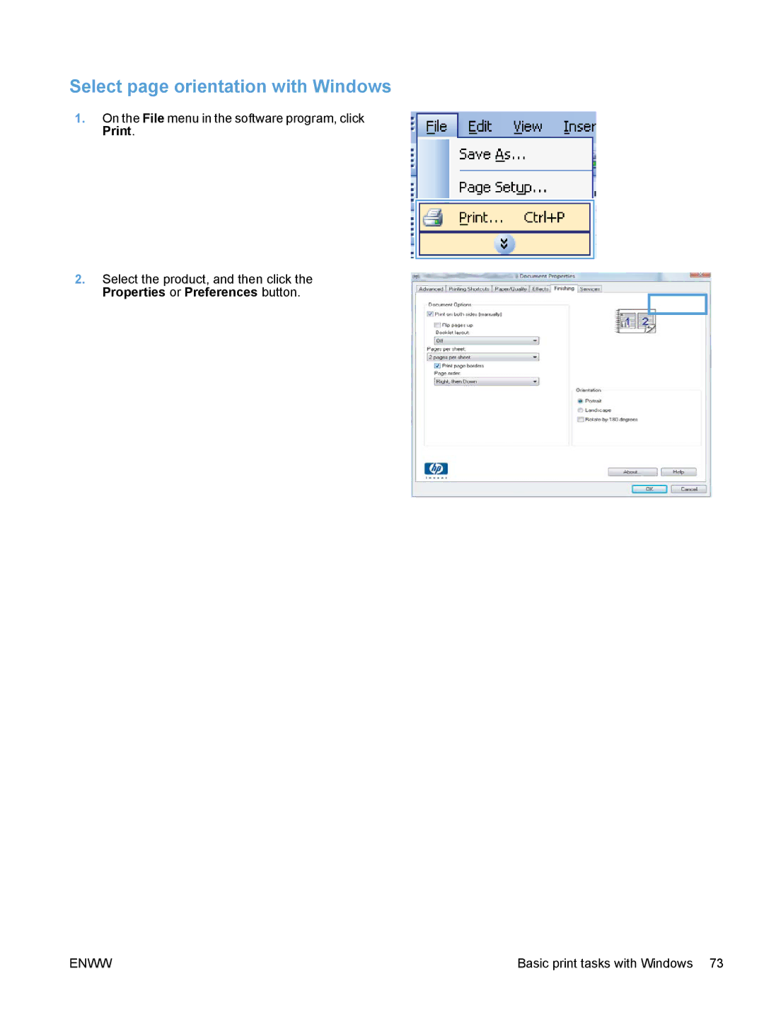 HP M1530 manual Select page orientation with Windows 