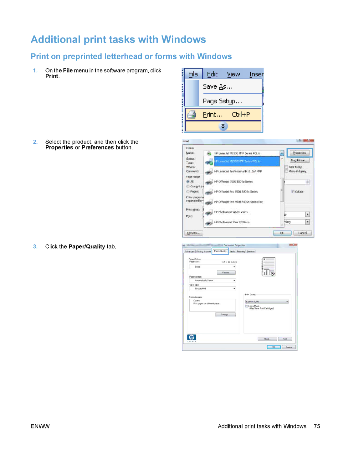 HP M1530 manual Additional print tasks with Windows, Print on preprinted letterhead or forms with Windows 