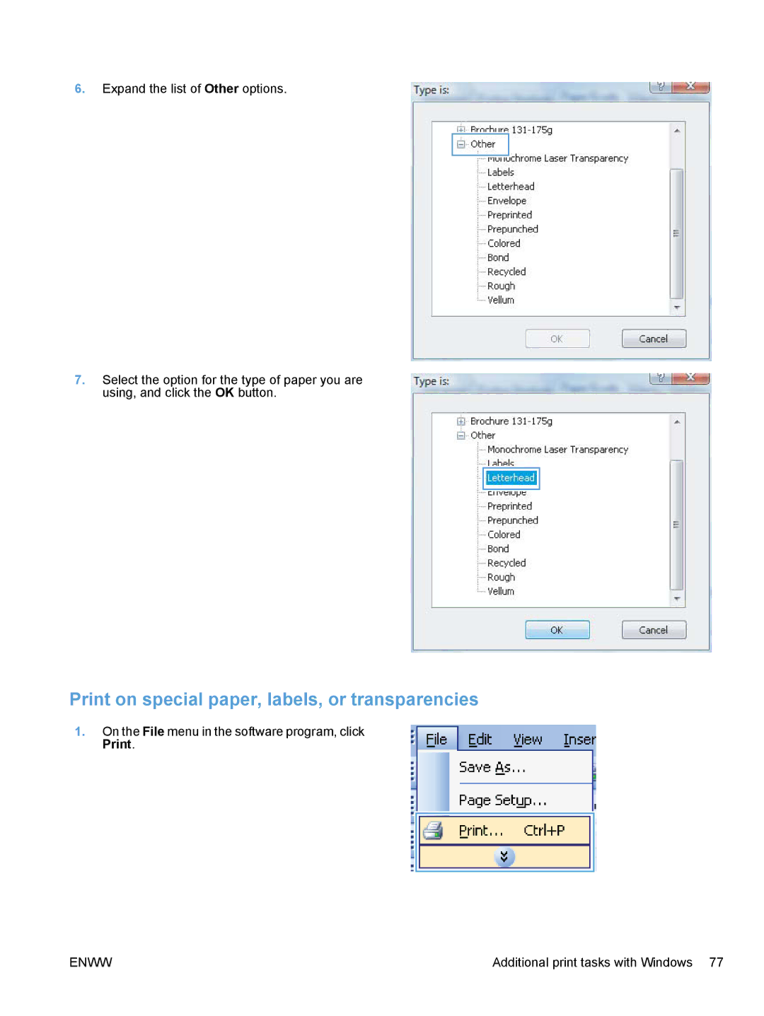 HP M1530 manual Print on special paper, labels, or transparencies 