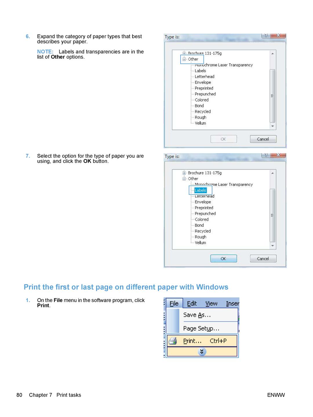 HP M1530 manual Print the first or last page on different paper with Windows 