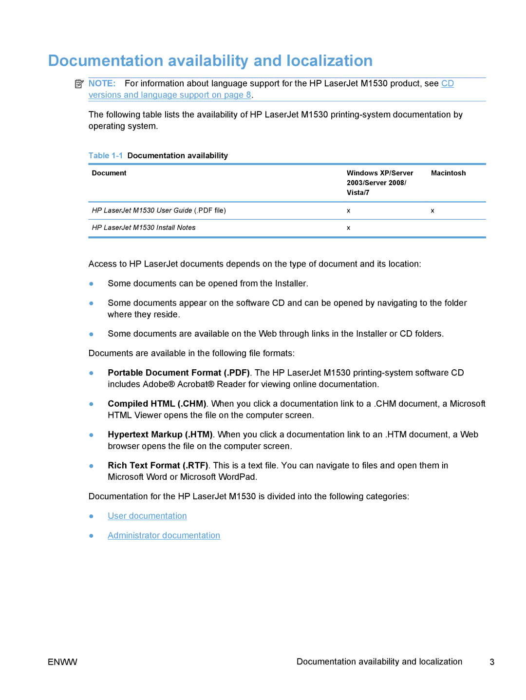 HP M1530 manual Documentation availability and localization, 1Documentation availability 