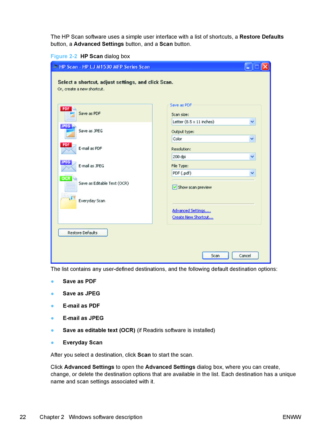 HP M1530 manual HP Scan dialog box 