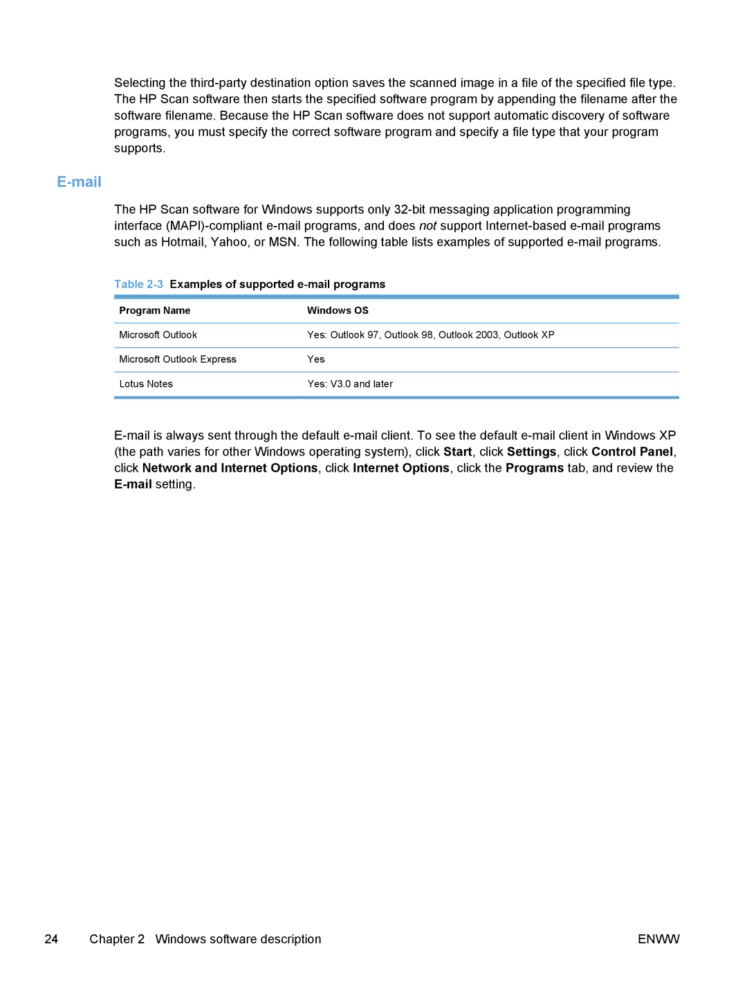 HP M1530 manual Mail, 3Examples of supported e-mail programs, Program Name Windows OS 