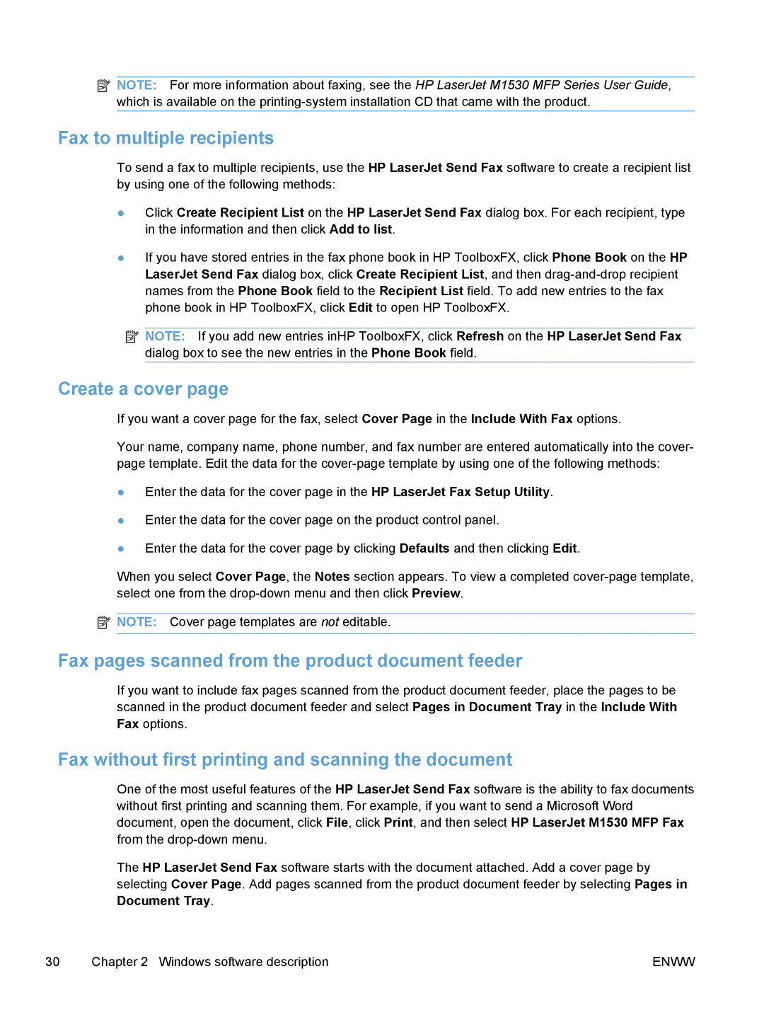 HP M1530 manual Fax to multiple recipients, Create a cover, Fax pages scanned from the product document feeder 