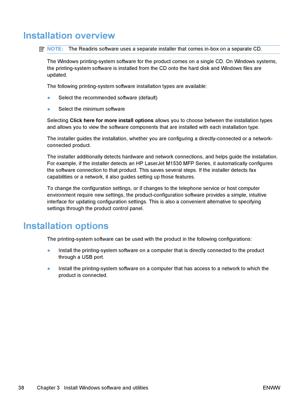 HP M1530 manual Installation overview, Installation options 