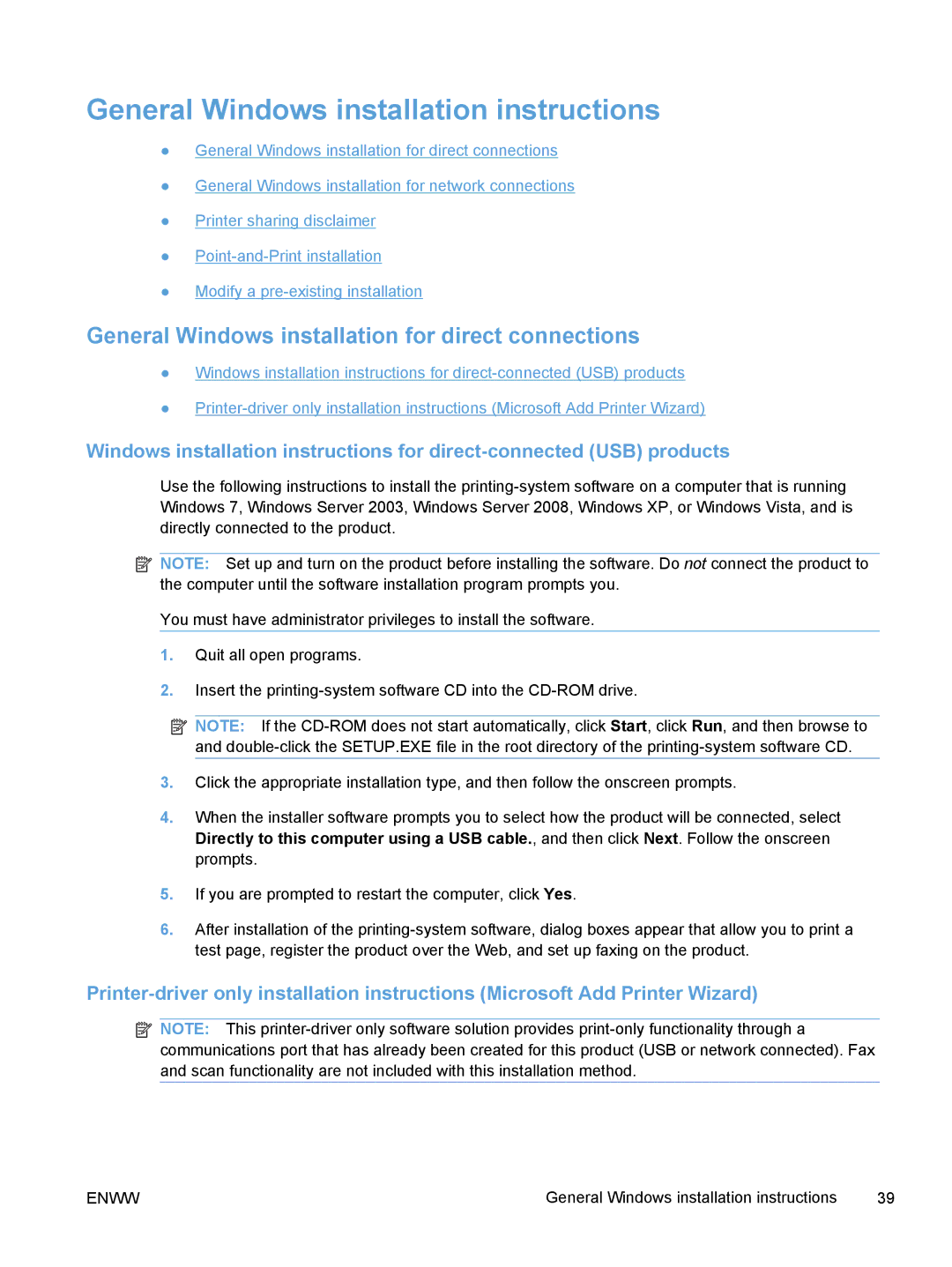 HP M1530 manual General Windows installation instructions, General Windows installation for direct connections 