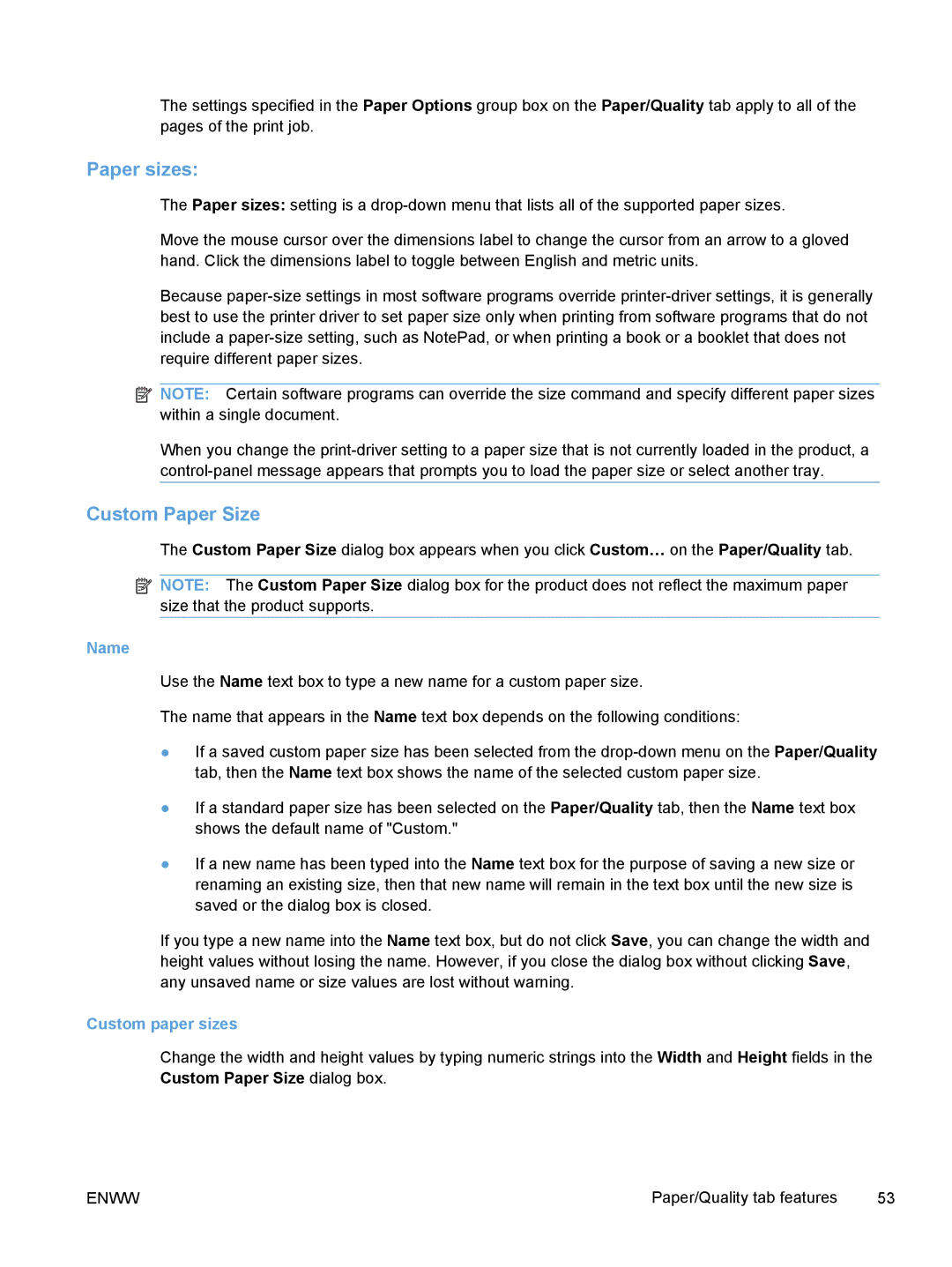 HP M1530 manual Paper sizes, Custom Paper Size, Name, Custom paper sizes 