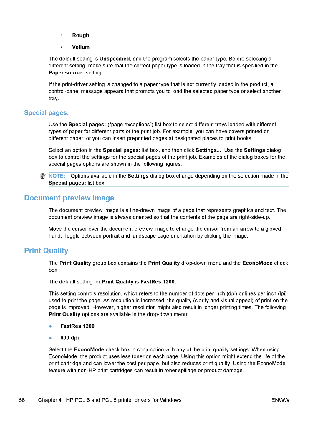 HP M1530 manual Document preview image, Print Quality, Special pages 