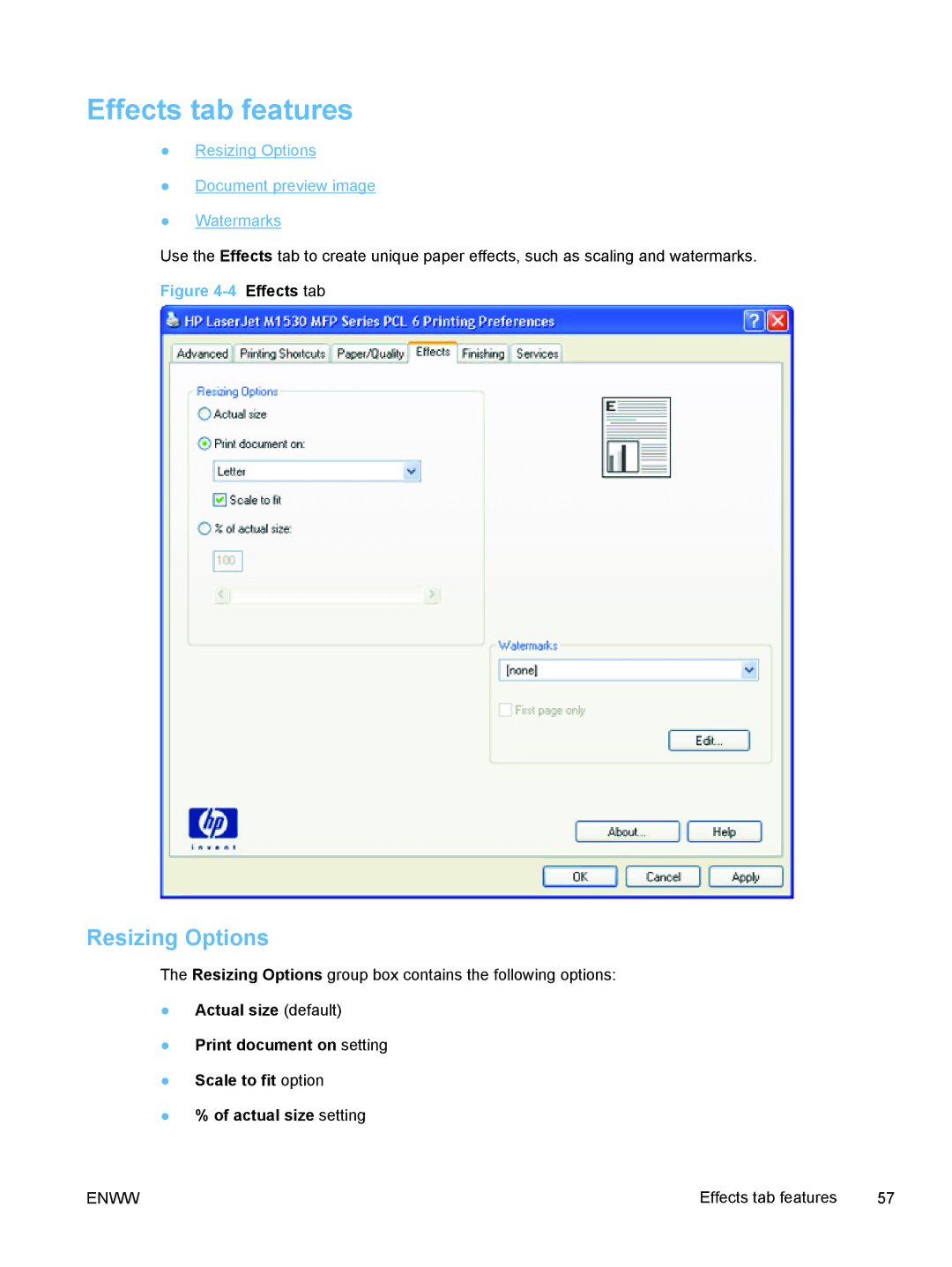 HP M1530 manual Effects tab features, Resizing Options 