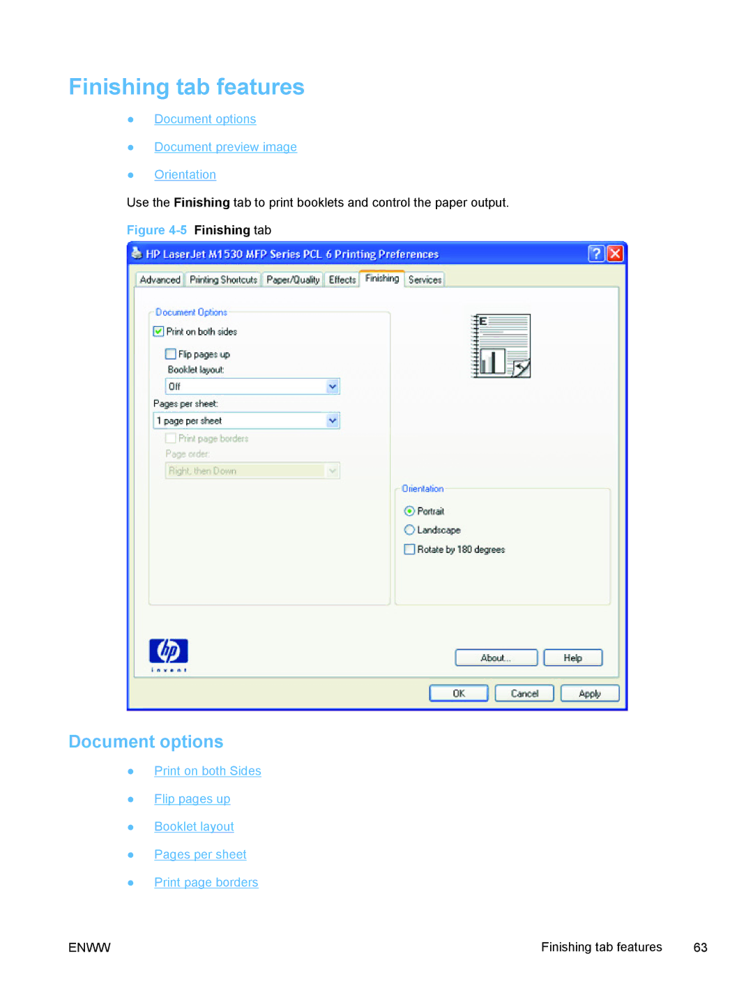 HP M1530 manual Finishing tab features, Document options 