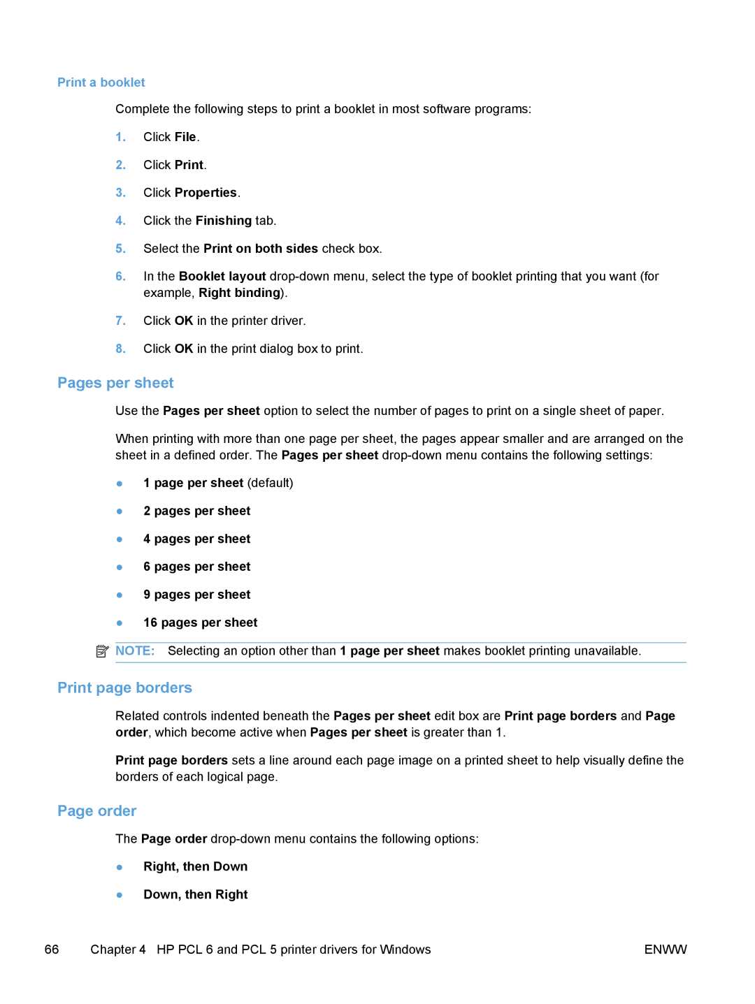 HP M1530 manual Pages per sheet, Print page borders, Order, Print a booklet 