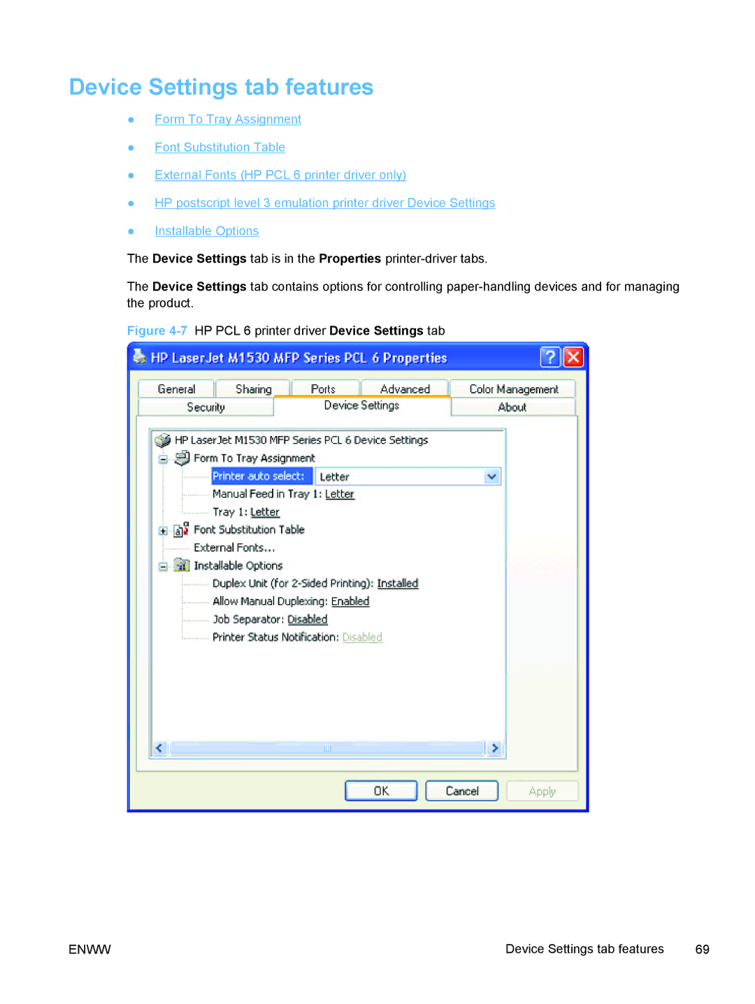 HP M1530 manual Device Settings tab features, 7HP PCL 6 printer driver Device Settings tab 