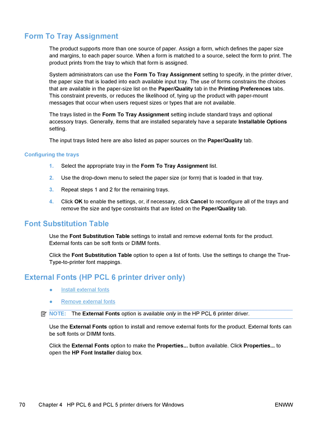 HP M1530 manual Form To Tray Assignment, Font Substitution Table, External Fonts HP PCL 6 printer driver only 