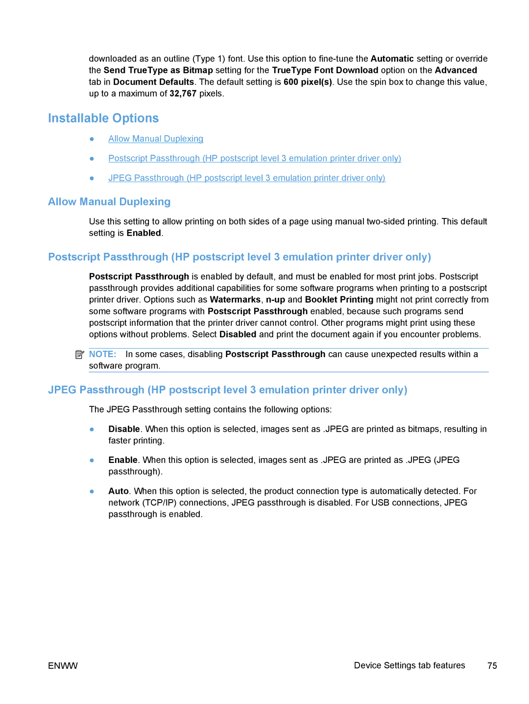 HP M1530 manual Installable Options, Allow Manual Duplexing 