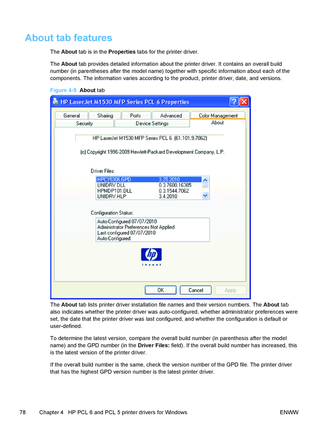 HP M1530 manual About tab features 