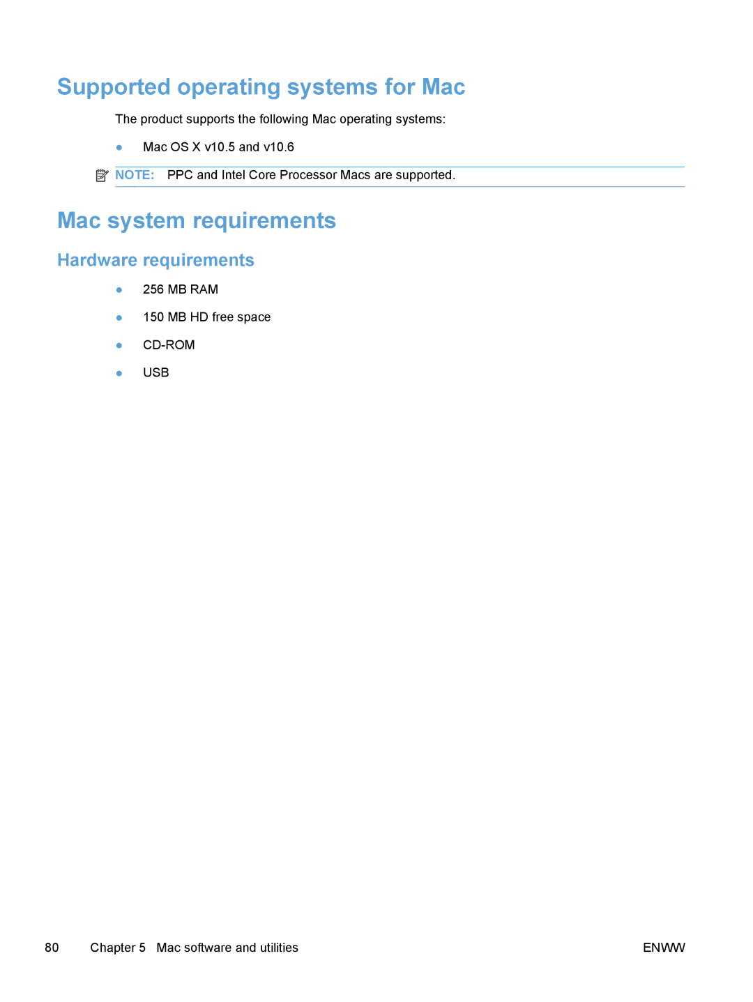 HP M1530 manual Supported operating systems for Mac, Mac system requirements, Hardware requirements 