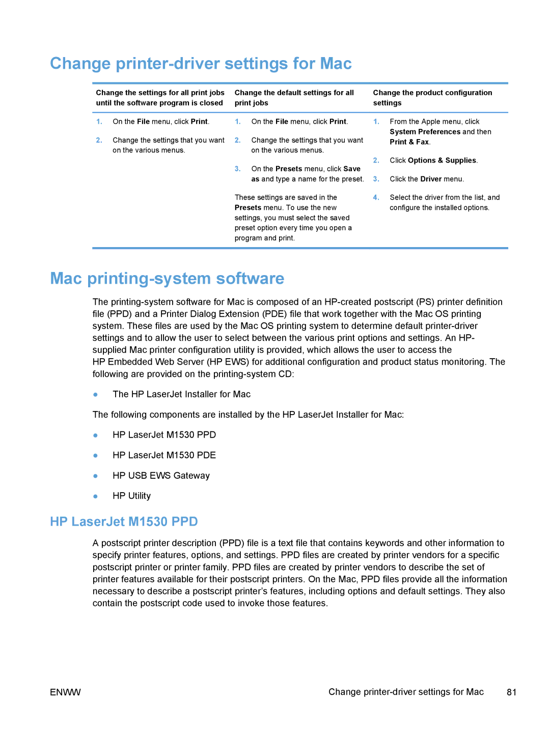 HP manual Change printer-driver settings for Mac, Mac printing-system software, HP LaserJet M1530 PPD 