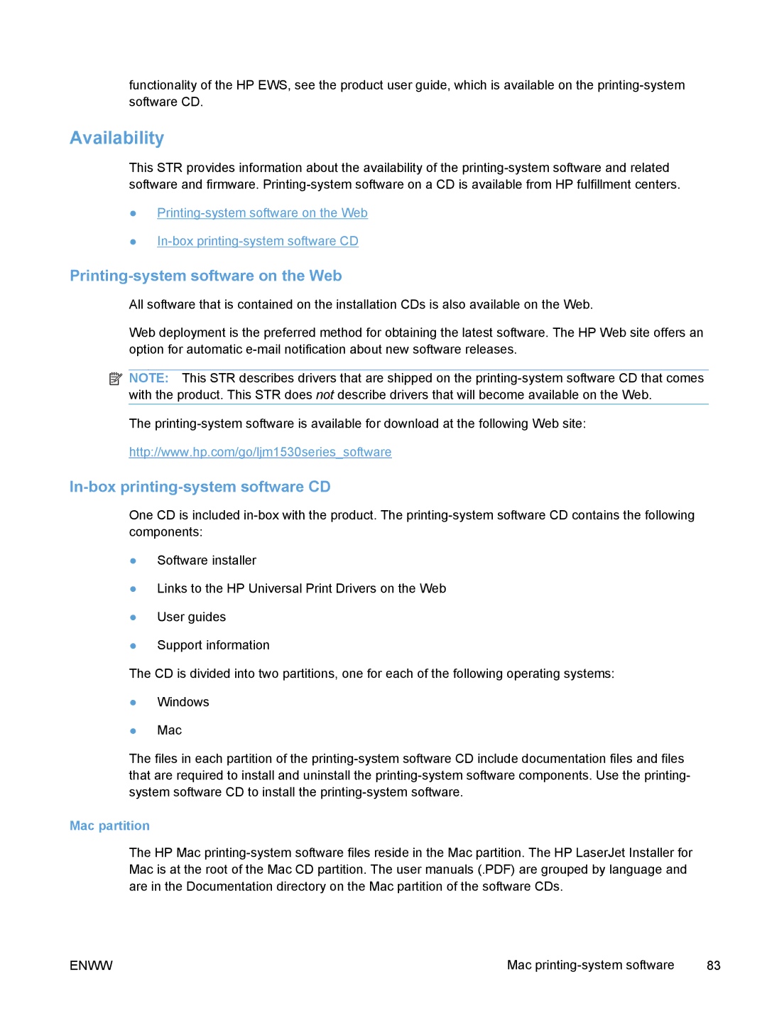 HP M1530 manual Availability, Printing-system software on the Web, Mac partition 