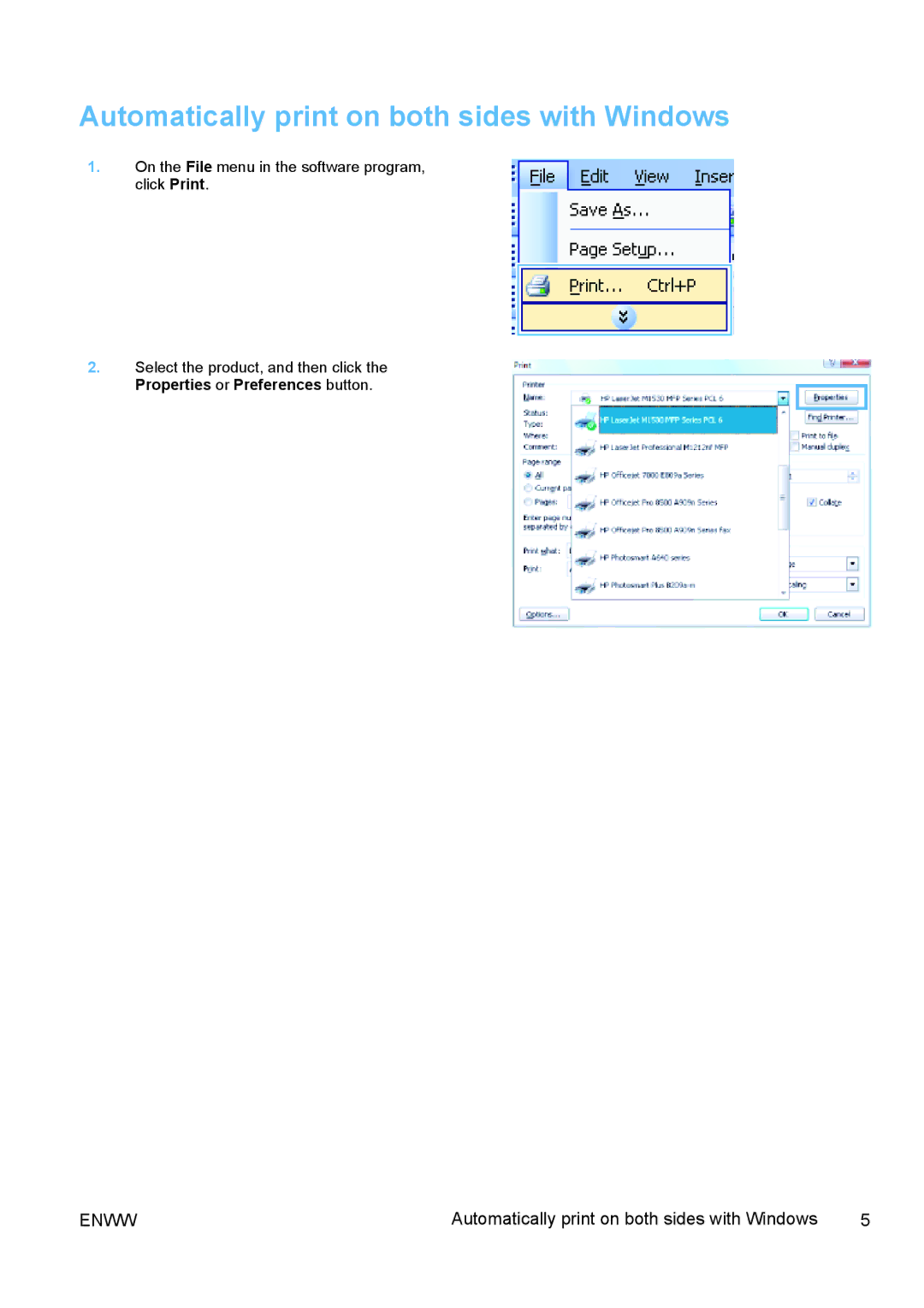 HP M1530 manual Automatically print on both sides with Windows 