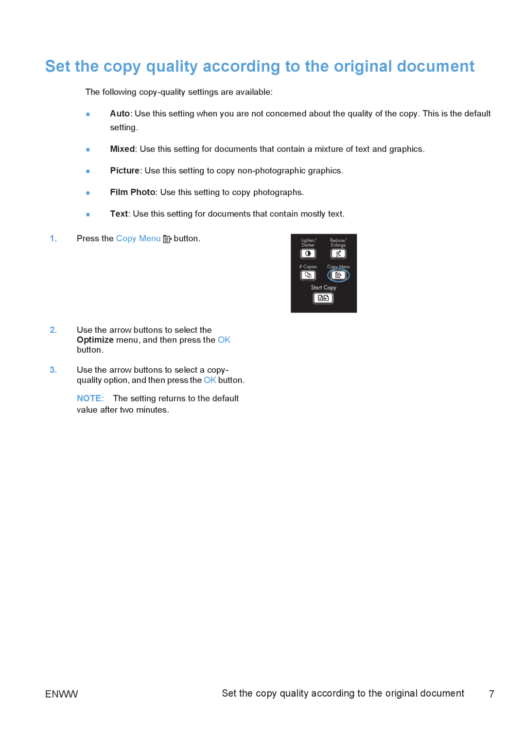 HP M1530 manual Set the copy quality according to the original document 