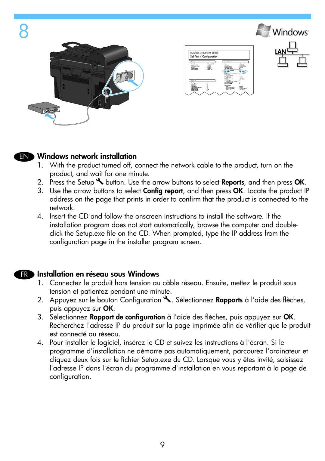 HP M1530 manual EN Windows network installation, FR Installation en réseau sous Windows 