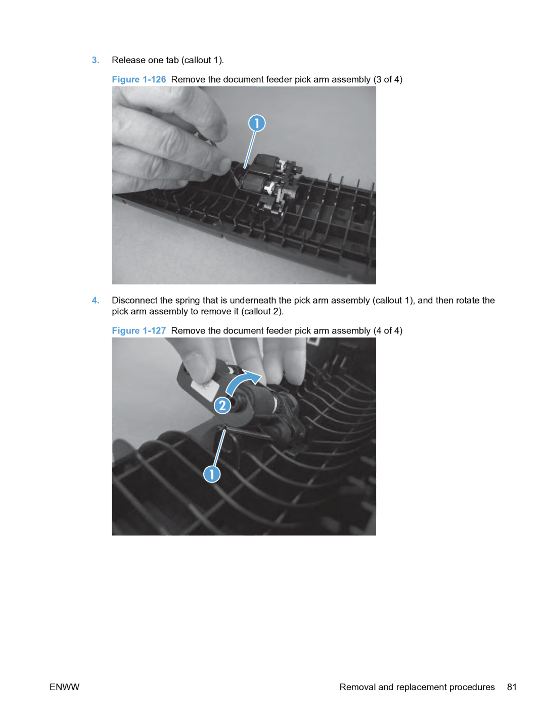 HP M1536dnf CE538ABGJ manual 127Remove the document feeder pick arm assembly 4 