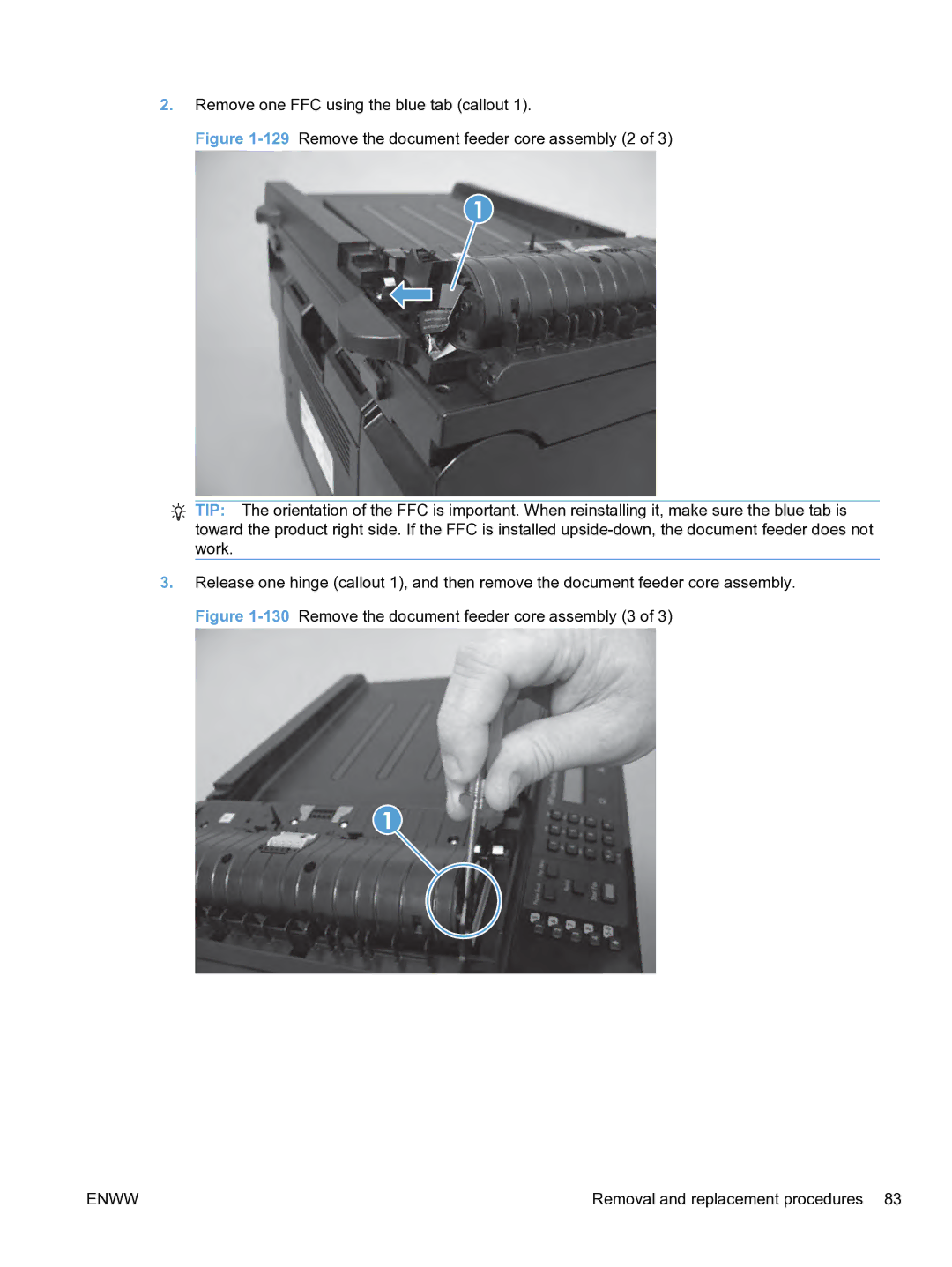 HP M1536dnf CE538ABGJ manual Remove one FFC using the blue tab callout 