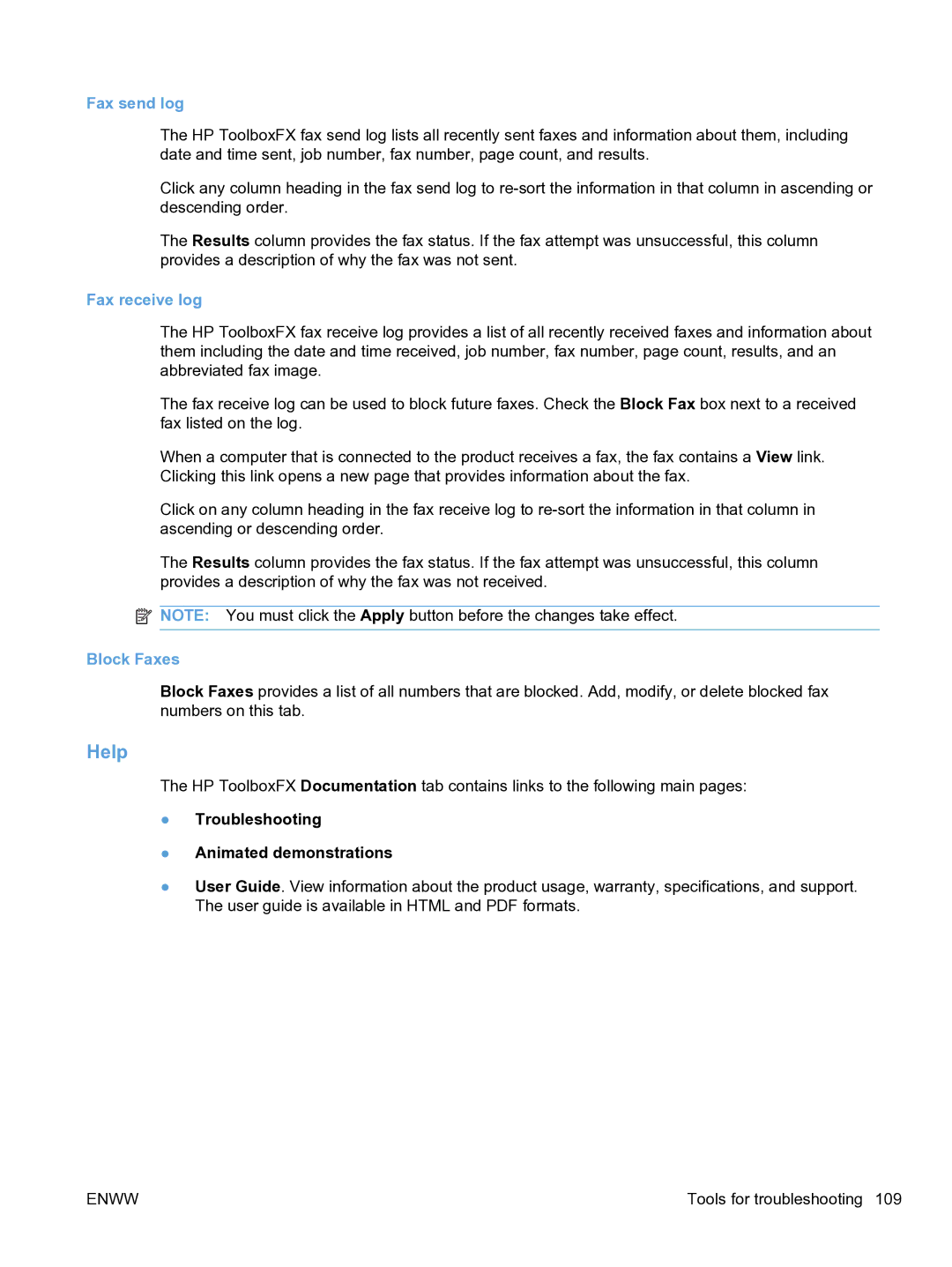 HP M1536dnf CE538ABGJ manual Help, Fax send log, Fax receive log, Block Faxes 