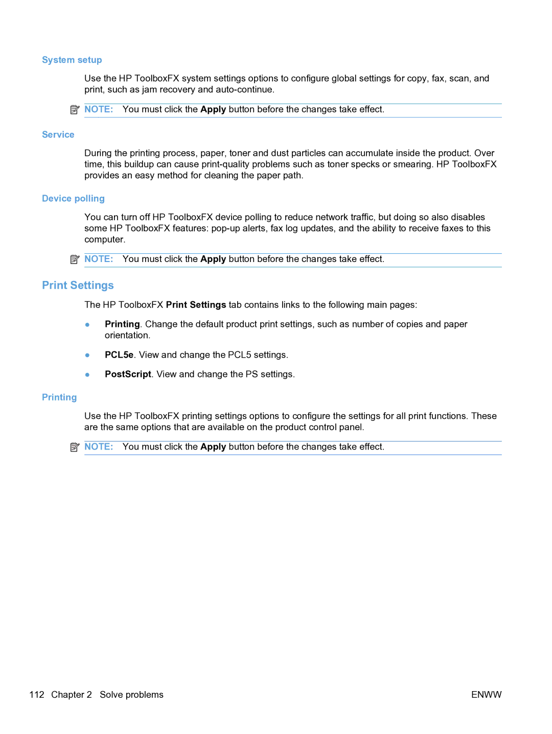 HP M1536dnf CE538ABGJ manual Print Settings, System setup, Service, Device polling, Printing 