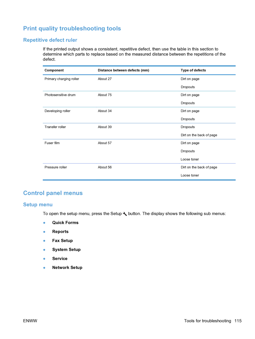 HP M1536dnf CE538ABGJ manual Print quality troubleshooting tools, Control panel menus, Repetitive defect ruler, Setup menu 