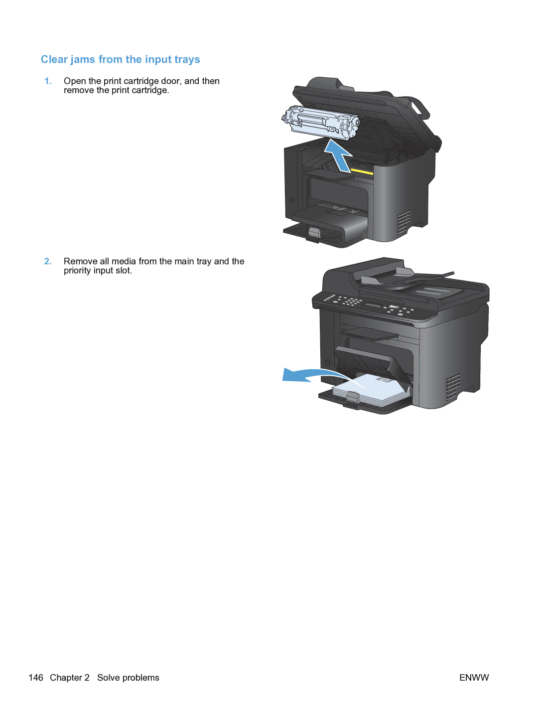 HP M1536dnf CE538ABGJ manual Clear jams from the input trays 