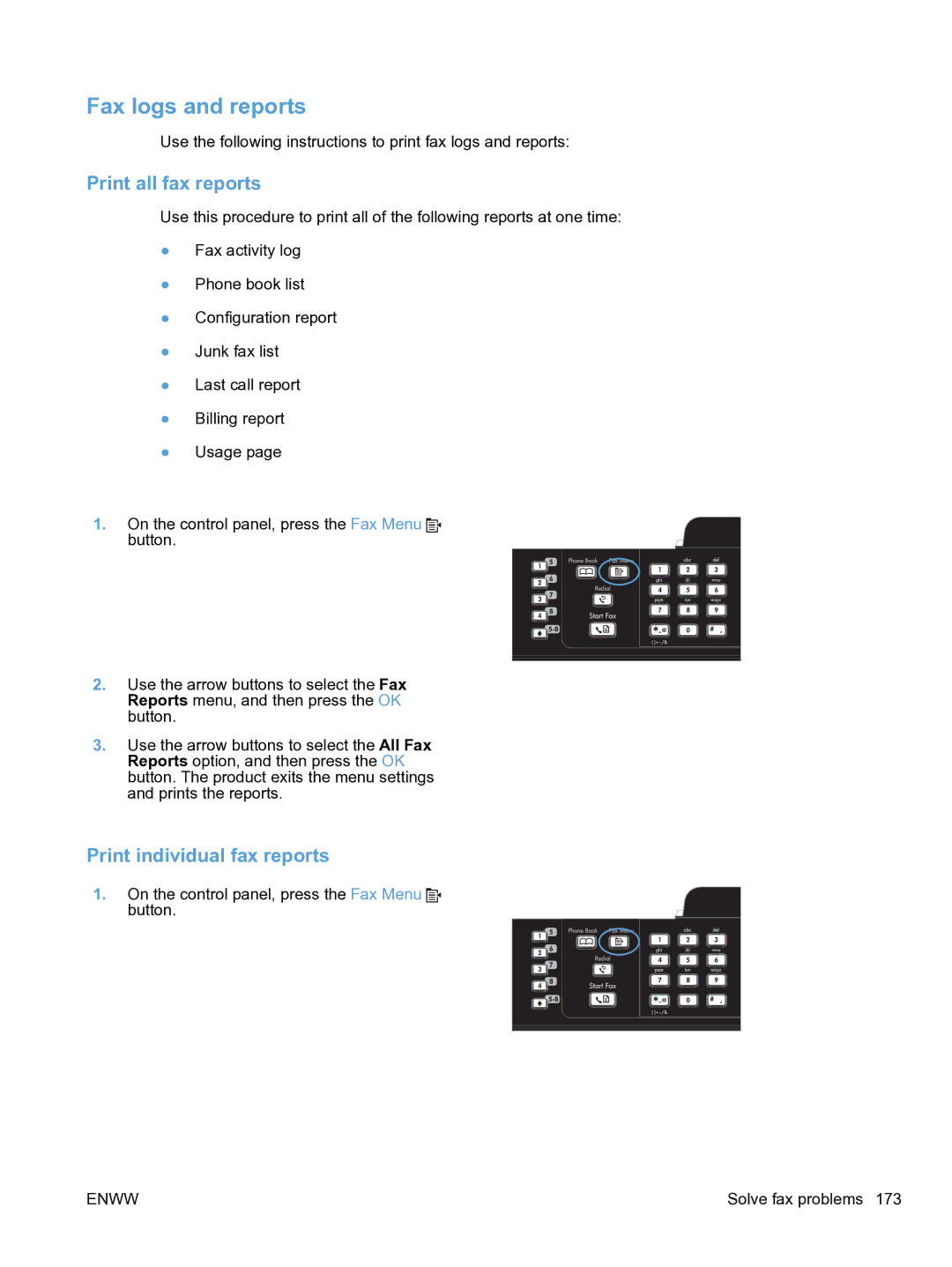 HP M1536dnf CE538ABGJ manual Fax logs and reports, Print all fax reports, Print individual fax reports 