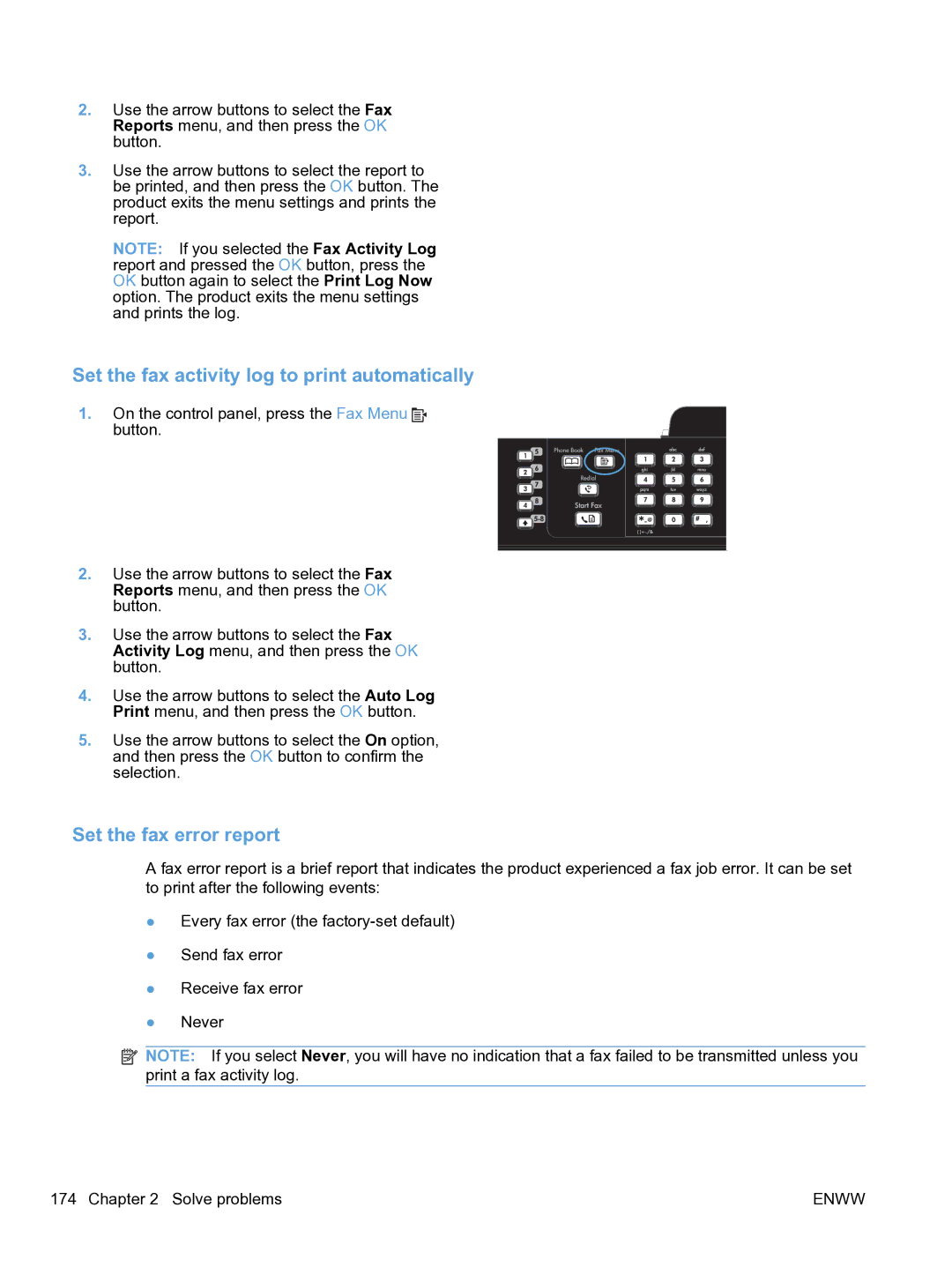 HP M1536dnf CE538ABGJ manual Set the fax activity log to print automatically, Set the fax error report 