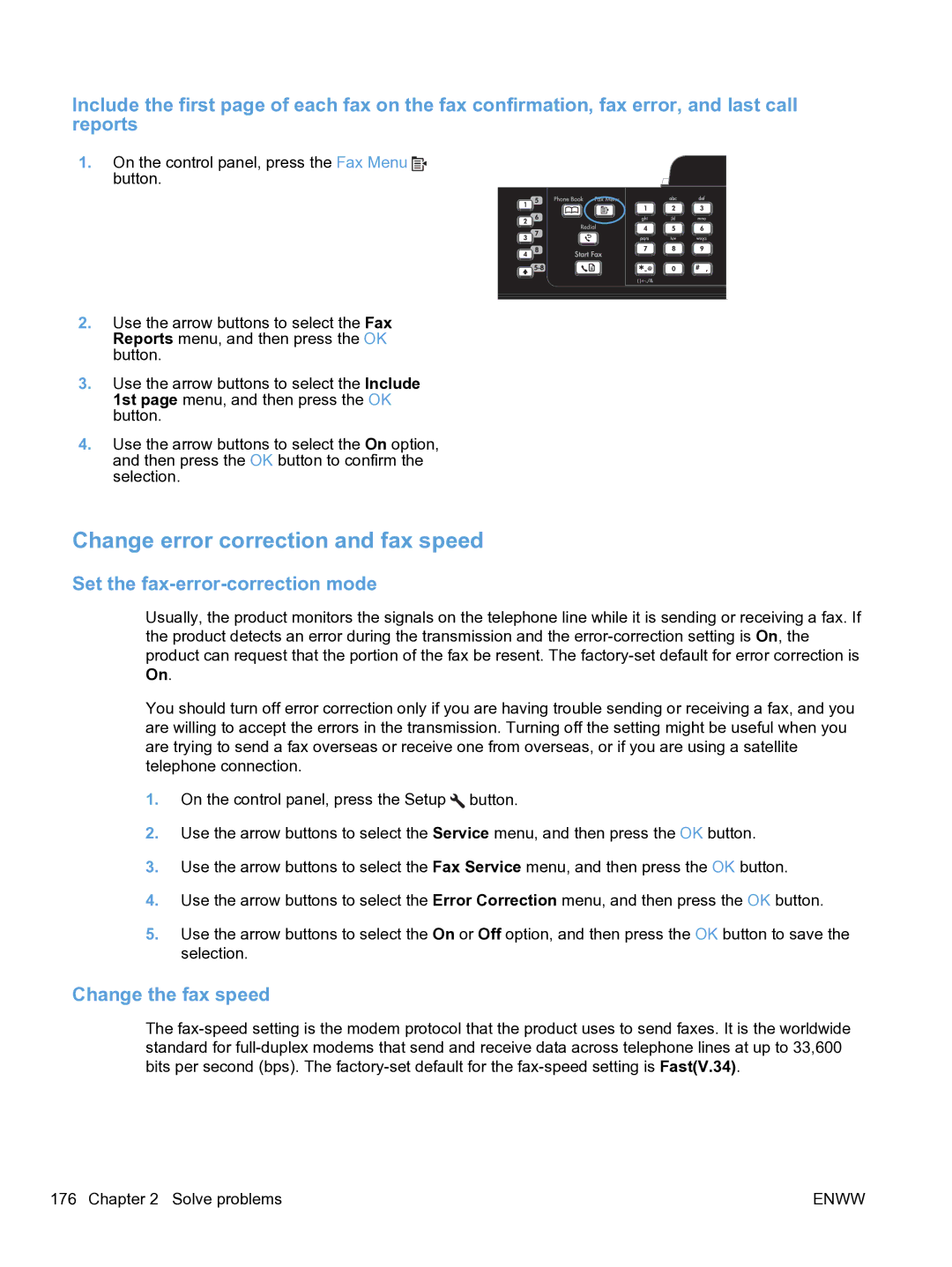 HP M1536dnf CE538ABGJ manual Change error correction and fax speed, Set the fax-error-correction mode, Change the fax speed 