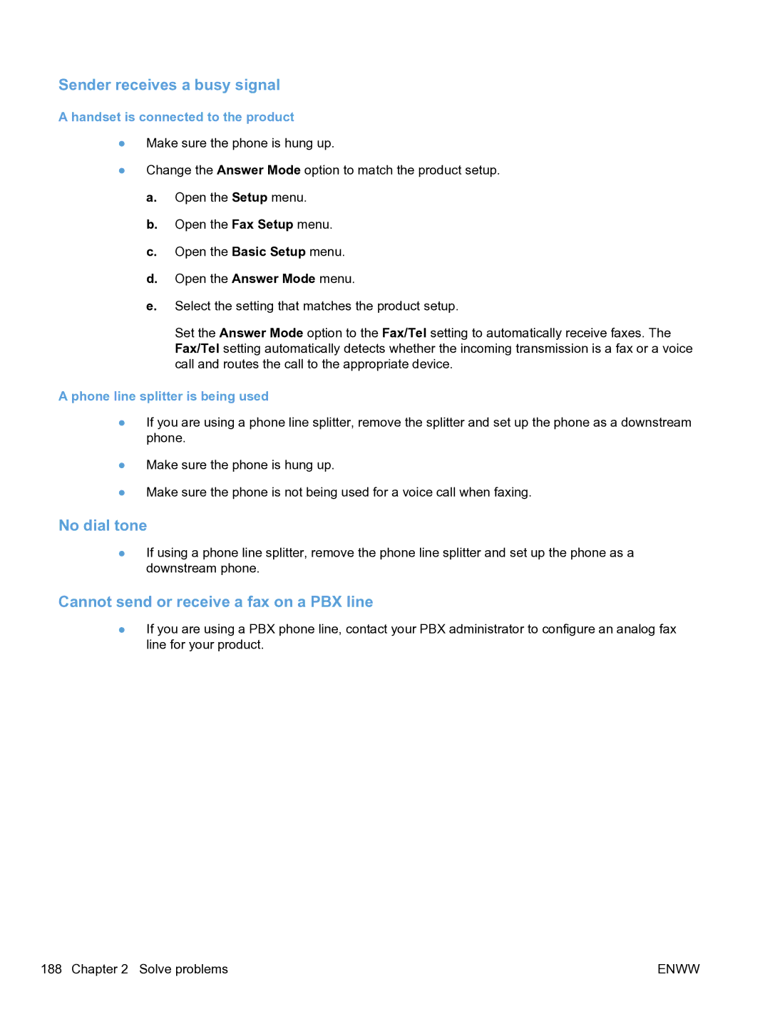 HP M1536dnf CE538ABGJ manual Sender receives a busy signal, No dial tone, Cannot send or receive a fax on a PBX line 