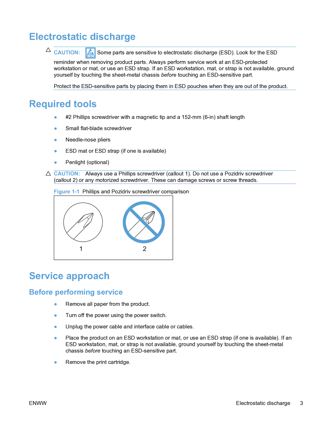 HP M1536dnf CE538ABGJ manual Electrostatic discharge, Required tools, Service approach, Before performing service 