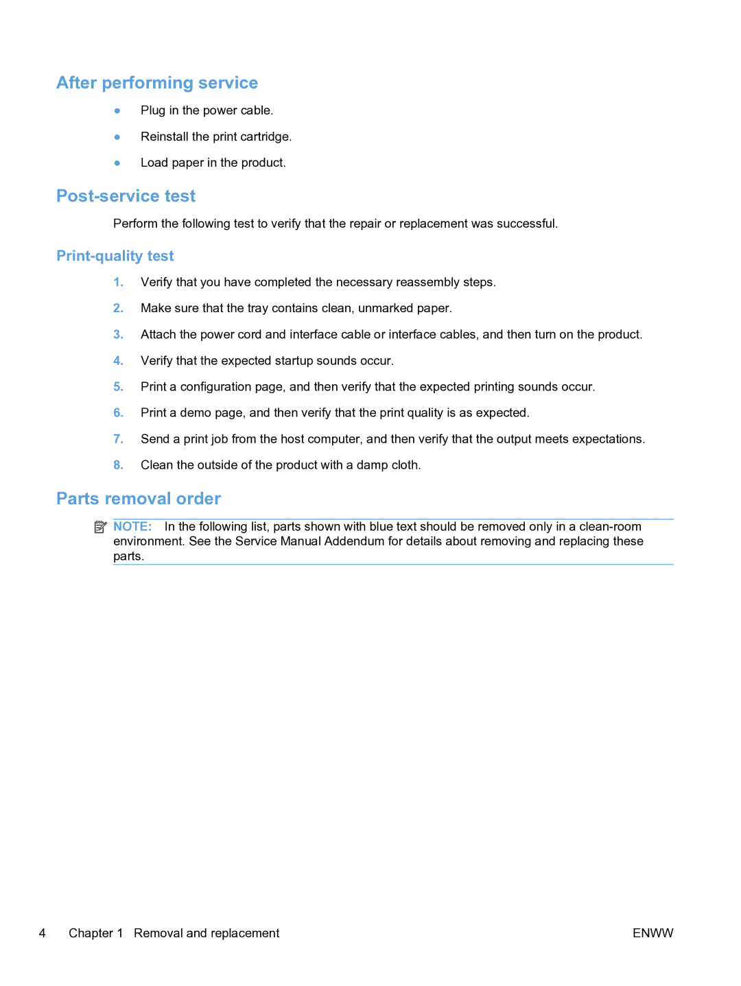 HP M1536dnf CE538ABGJ manual After performing service, Post-service test, Parts removal order, Print-quality test 