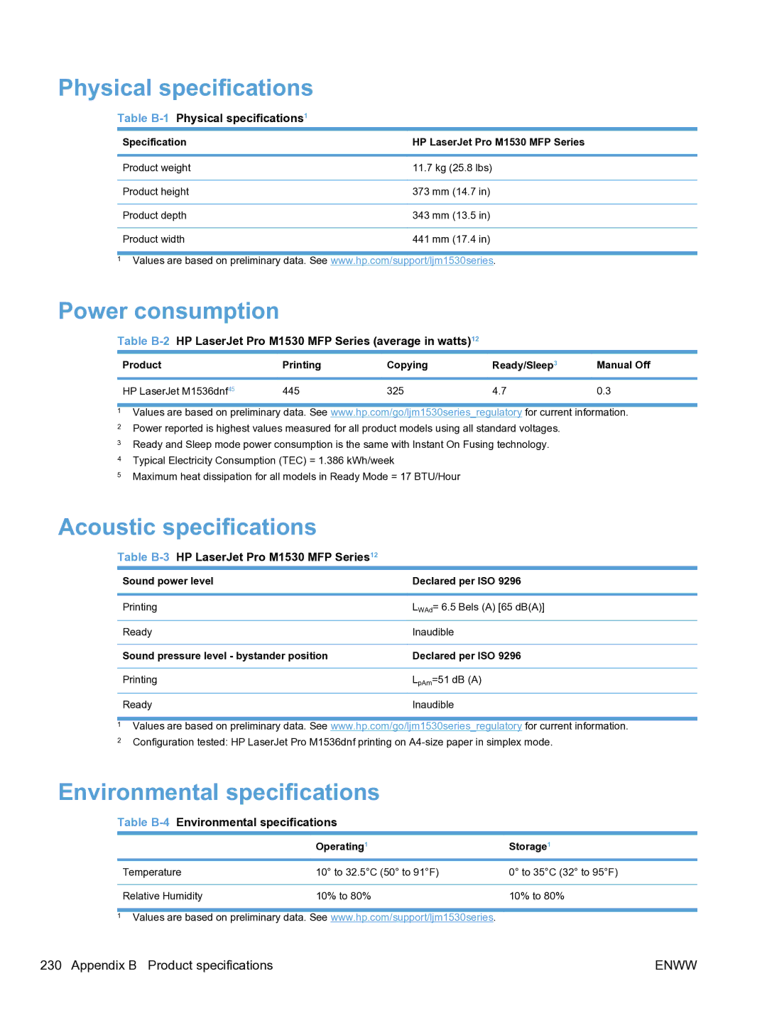 HP M1536dnf CE538ABGJ Physical specifications, Power consumption, Acoustic specifications, Environmental specifications 